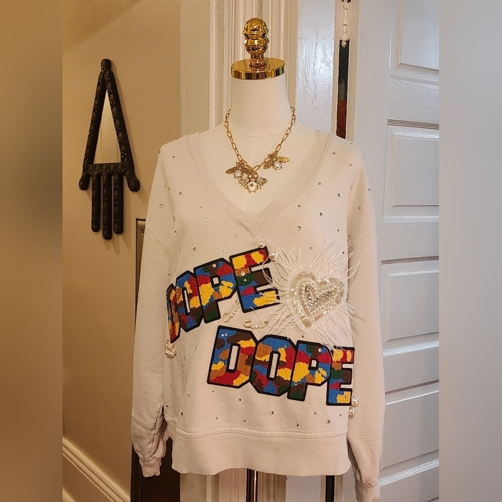 OOAK DOPE Graphic V Neck Sweater Multicolor Patch XL